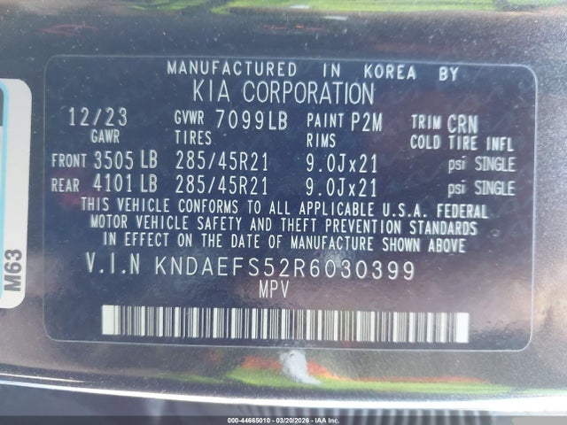2024 Kia Ev9 Gt-line მანქანა იყიდება აუქციონზე, vin: KNDAEFS52R6030399, აუქციონის ნომერი: 44665010