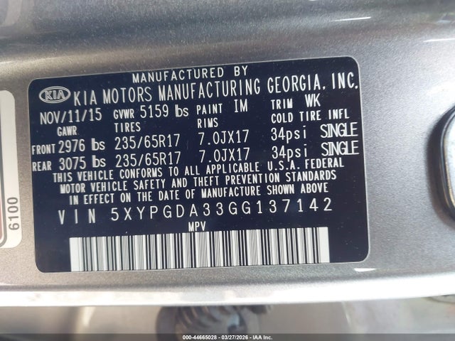 Aukcja sprzedaży 2016 Kia Sorento 2.4l Lx, vin: 5XYPGDA33GG137142, numer aukcji: 44665028