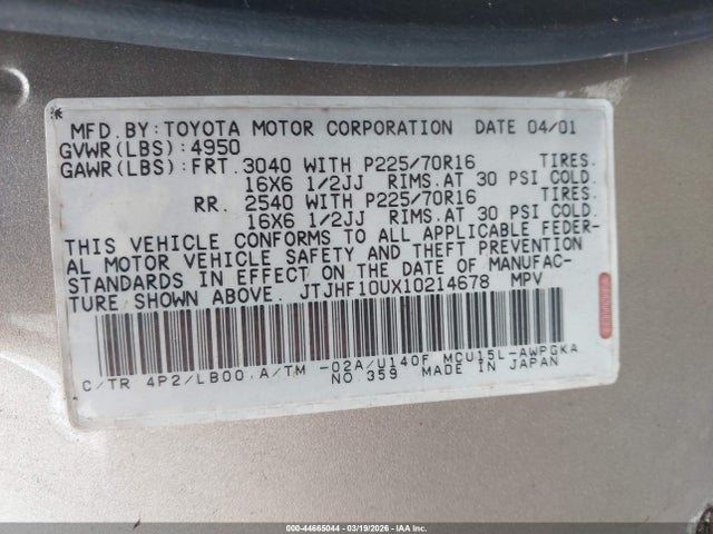 Aukcja sprzedaży 2001 Lexus Rx 300, vin: JTJHF10UX10214678, numer aukcji: 44665044