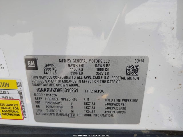 1GNKRHKD9EJ310251 Chevrolet Traverse 2lt