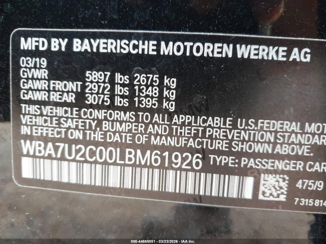 44665051 :رقم المزاد ، WBA7U2C00LBM61926 vin ، 2020 Bmw 750i Xdrive مزاد بيع
