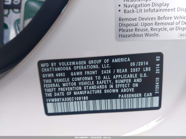 Aukcja sprzedaży 2014 Volkswagen Passat 2.0l Tdi Se, vin: 1VWBN7A33EC109180, numer aukcji: 44665061