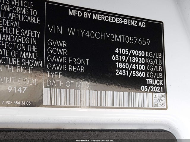 Aukcja sprzedaży 2021 Mercedes-benz Sprinter 2500 High Roof I4, vin: W1Y40CHY3MT057659, numer aukcji: 44665067