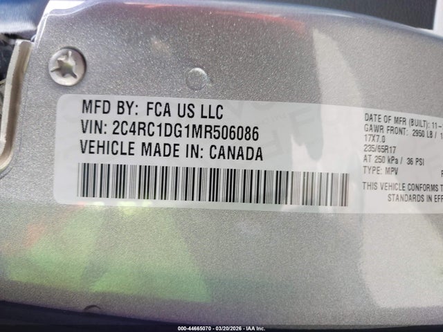 Продажа на аукционе авто 2021 Chrysler Voyager Lxi, vin: 2C4RC1DG1MR506086, номер лота: 44665070