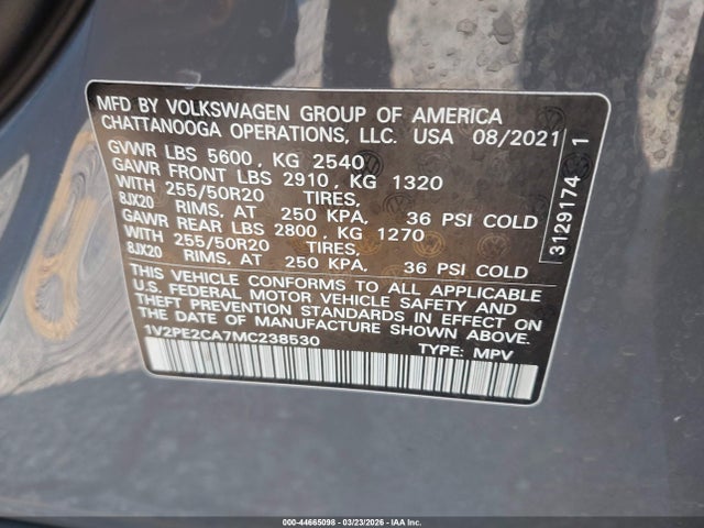 Продажа на аукционе авто 2021 Volkswagen Atlas Cross Sport 3.6l V6 Se W/technology R-line, vin: 1V2PE2CA7MC238530, номер лота: 44665098