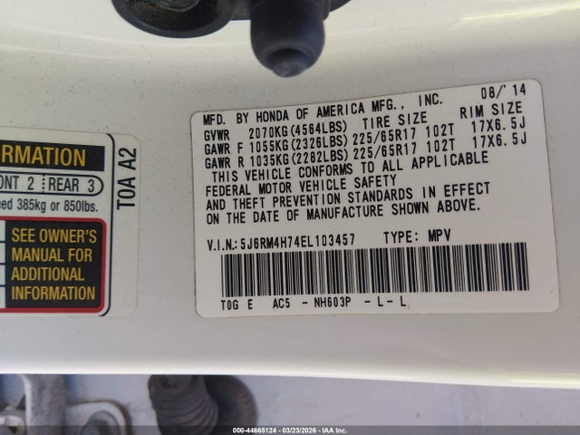 Honda Cr-v Ex-l 2014 5J6RM4H74EL103457 Image 9