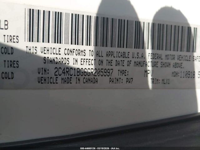44665126 :رقم المزاد ، 2C4RC1BG6GR205997 vin ، 2016 Chrysler Town & Country Touring مزاد بيع