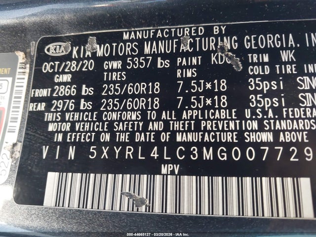 Продажа на аукционе авто 2021 Kia Sorento S, vin: 5XYRL4LC3MG007729, номер лота: 44665127