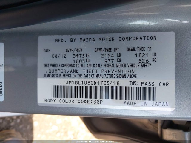 44665136 :رقم المزاد ، JM1BL1U80D1705418 vin ، 2013 Mazda Mazda3 I Sport مزاد بيع