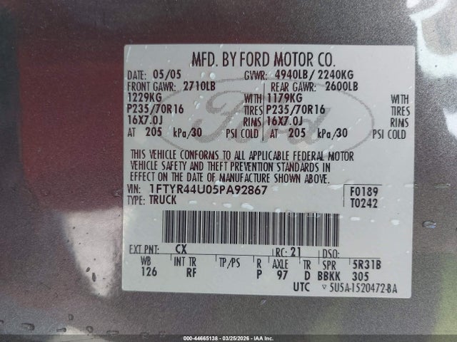 2005 FORD RANGER 1FTYR44U05PA92867 Photo 8