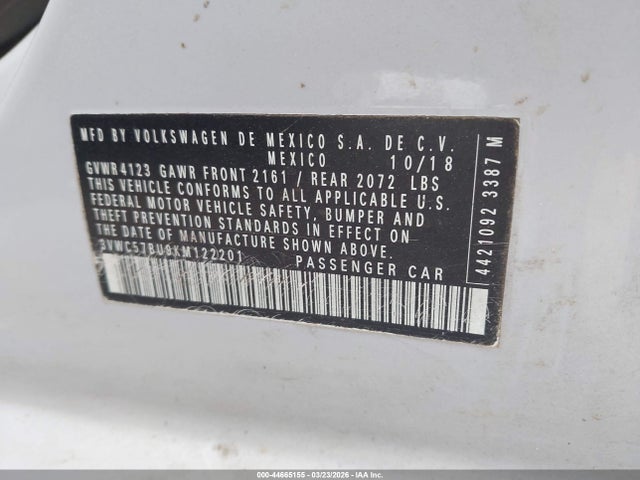 2019 Volkswagen Jetta 1.4t R-line/1.4t S/1.4t Se მანქანა იყიდება აუქციონზე, vin: 3VWC57BU9KM122201, აუქციონის ნომერი: 44665155