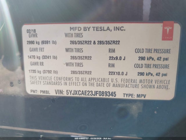 2018 Tesla Model X 100d/75d/p100d მანქანა იყიდება აუქციონზე, vin: 5YJXCAE23JF089345, აუქციონის ნომერი: 44665157