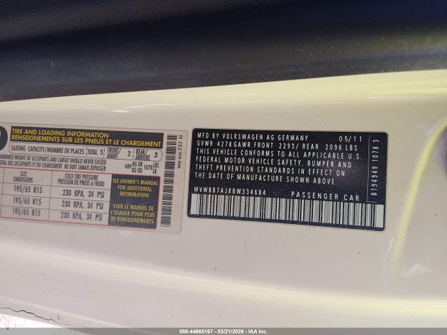 Продажа на аукционе авто 2011 Volkswagen Golf 2.5l 2-door, vin: WVWBB7AJXBW334684, номер лота: 44665167