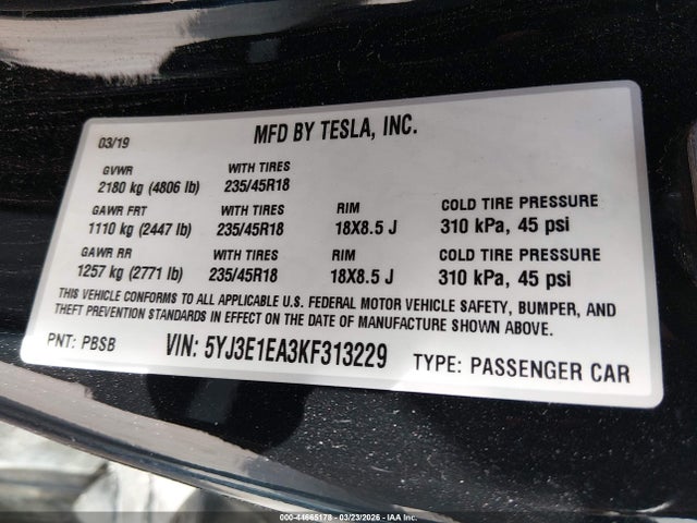 Продаж на аукціоні авто 2019 Tesla Model 3 Long Range/mid Range/standard Range/standard Range Plus, vin: 5YJ3E1EA3KF313229, номер лоту: 44665178