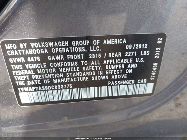 Продажа на аукционе авто 2013 Volkswagen Passat S, vin: 1VWAP7A39DC033775, номер лота: 44665191