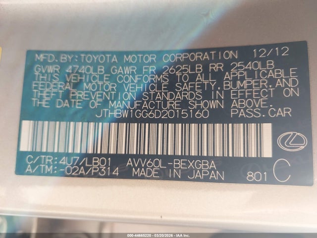 Aukcja sprzedaży 2013 Lexus Es 300h, vin: JTHBW1GG6D2015160, numer aukcji: 44665220