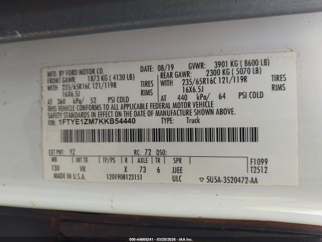 2019 Ford Transit-150 მანქანა იყიდება აუქციონზე, vin: 1FTYE1ZM7KKB54440, აუქციონის ნომერი: 44665241