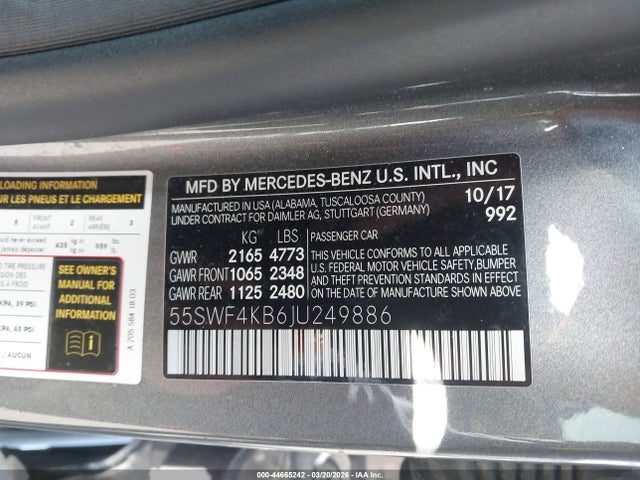 Продаж на аукціоні авто 2018 Mercedes-benz C 300 4matic, vin: 55SWF4KB6JU249886, номер лоту: 44665242