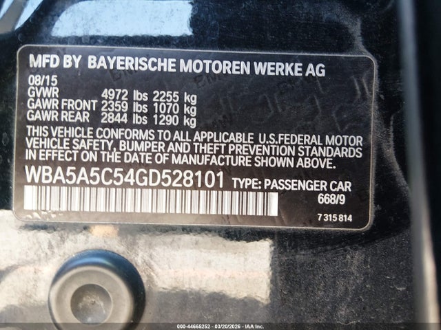44665252 :رقم المزاد ، WBA5A5C54GD528101 vin ، 2016 Bmw 528i مزاد بيع