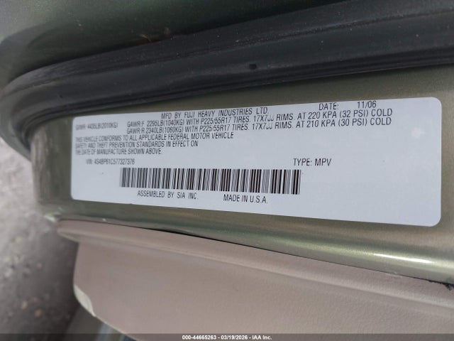 2007 Subaru Outback 2.5i მანქანა იყიდება აუქციონზე, vin: 4S4BP61C577327376, აუქციონის ნომერი: 44665263