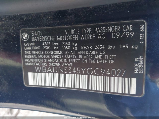 Aukcja sprzedaży 2000 Bmw 540i, vin: WBADN5345YGC94027, numer aukcji: 44665268