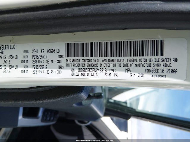 44665296 :رقم المزاد ، 1D8GU58K58W246316 vin ، 2008 Dodge Nitro Slt/rt مزاد بيع