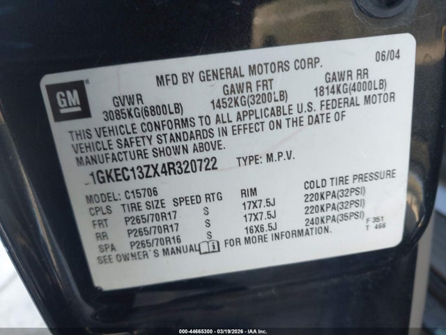 Продажа на аукционе авто 2004 Gmc Yukon Slt, vin: 1GKEC13ZX4R320722, номер лота: 44665300