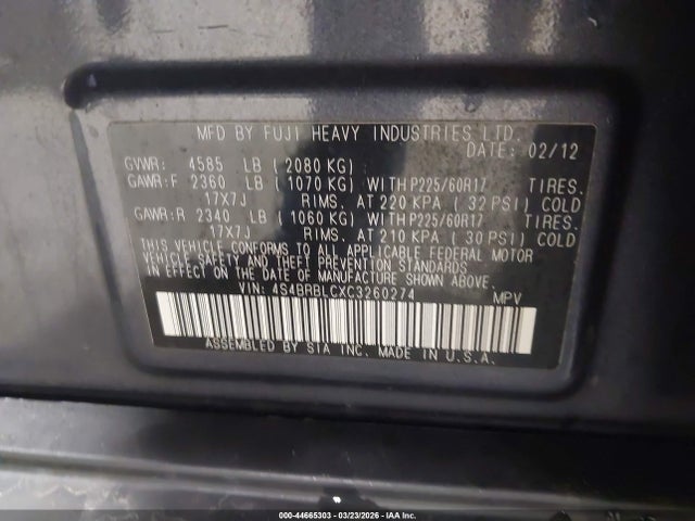 Aukcja sprzedaży 2012 Subaru Outback 2.5i Limited, vin: 4S4BRBLCXC3260274, numer aukcji: 44665303