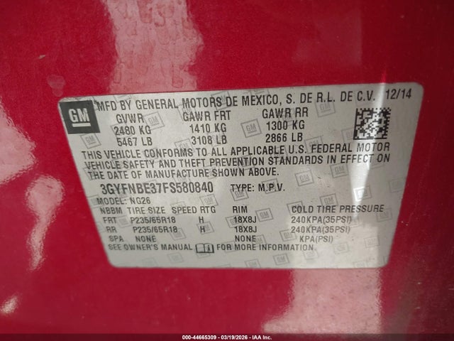 2015 CADILLAC SRX 3GYFNBE37FS580840 Photo 8