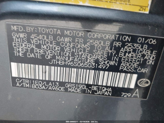 Продаж на аукціоні авто 2006 Lexus Gs 300, vin: JTHBH96S065031497, номер лоту: 44665311