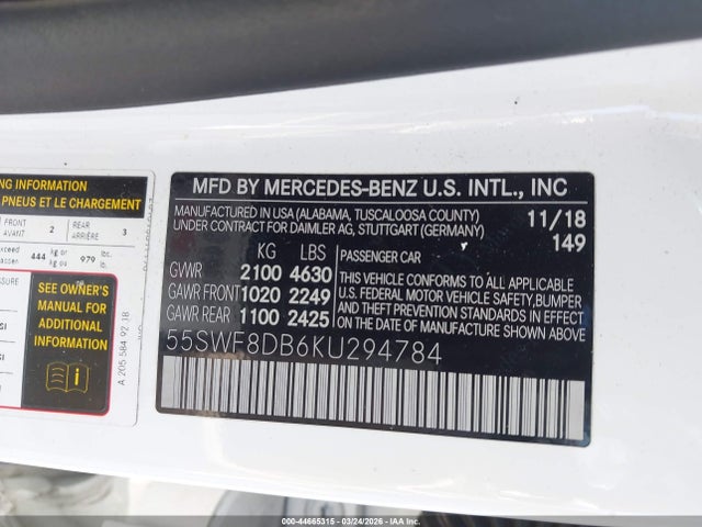 44665315 :رقم المزاد ، 55SWF8DB6KU294784 vin ، 2019 Mercedes-benz C 300 مزاد بيع