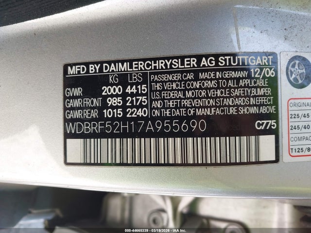 Aukcja sprzedaży 2007 Mercedes-benz C 230 Sport, vin: WDBRF52H17A955690, numer aukcji: 44665339