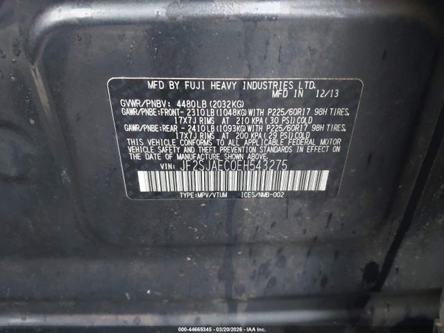 44665345 :رقم المزاد ، JF2SJAEC0EH543275 vin ، 2014 Subaru Forester 2.5i Premium مزاد بيع