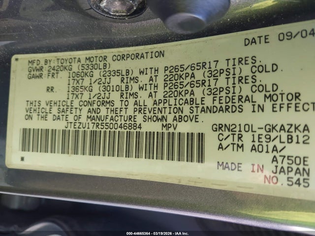 2005 TOYOTA 4RUNNER JTEZU17R550046884 Photo 8