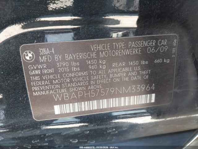44665375 :رقم المزاد ، WBAPH57579NM33964 vin ، 2009 Bmw 328i مزاد بيع