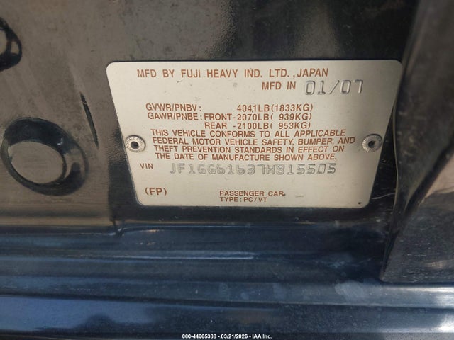 44665388 :رقم المزاد ، JF1GG61637H815505 vin ، 2007 Subaru Impreza 2.5i مزاد بيع