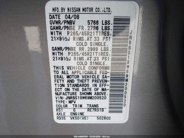 Aukcja sprzedaży 2009 Infiniti Fx50, vin: JNRBS18W69M200520, numer aukcji: 44665389