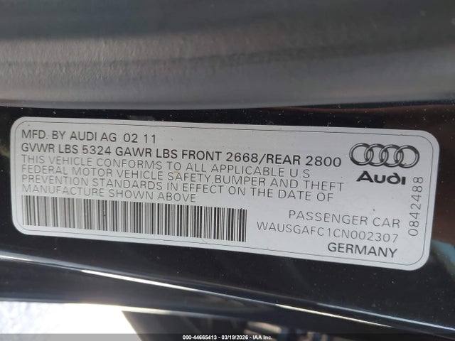 2012 Audi A7 Premium მანქანა იყიდება აუქციონზე, vin: WAUSGAFC1CN002307, აუქციონის ნომერი: 44665413