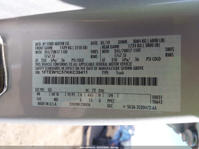 2019 Ford F-150 Xlt მანქანა იყიდება აუქციონზე, vin: 1FTEW1C57KKC39411, აუქციონის ნომერი: 44665418
