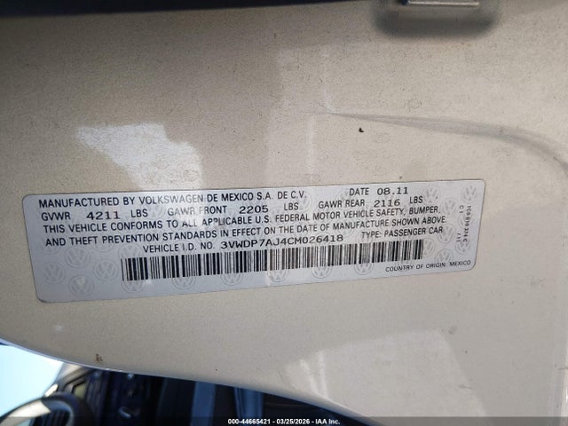 2012 Volkswagen Jetta 2.5l Se მანქანა იყიდება აუქციონზე, vin: 3VWDP7AJ4CM026418, აუქციონის ნომერი: 44665421