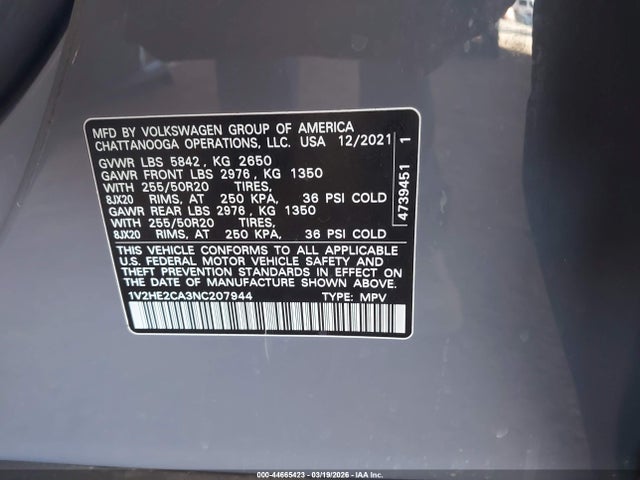 1V2HE2CA3NC207944 Volkswagen Atlas Cross Sport 3.6l V6 Se W/technology