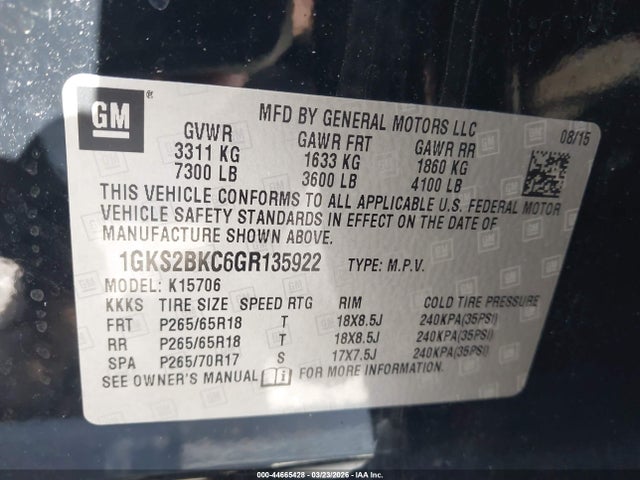 Aukcja sprzedaży 2016 Gmc Yukon Slt, vin: 1GKS2BKC6GR135922, numer aukcji: 44665428