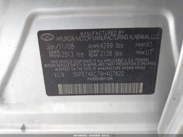 44665432 :رقم المزاد ، 5NPET46C79H407822 vin ، 2009 Hyundai Sonata Gls مزاد بيع