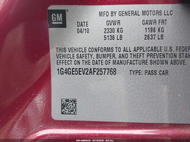 44665434 :رقم المزاد ، 1G4GE5EV2AF257768 vin ، 2010 Buick Lacrosse Cxs مزاد بيع