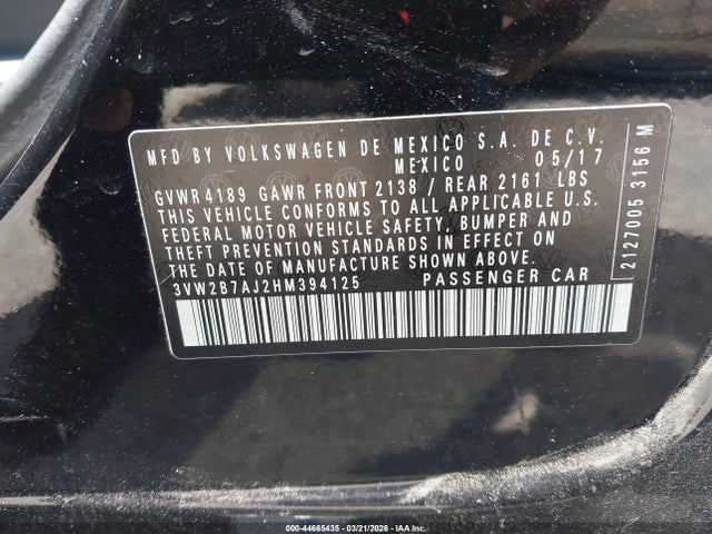 Aukcja sprzedaży 2017 Volkswagen Jetta 1.4t S, vin: 3VW2B7AJ2HM394125, numer aukcji: 44665435