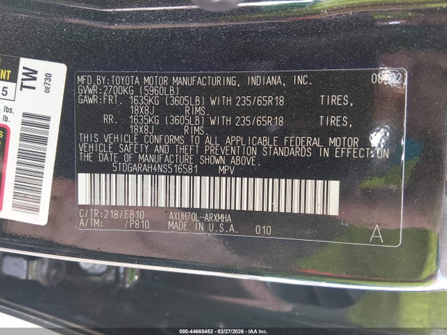 5TDGARAH4NS516581 Toyota Highlander Hybrid Xle