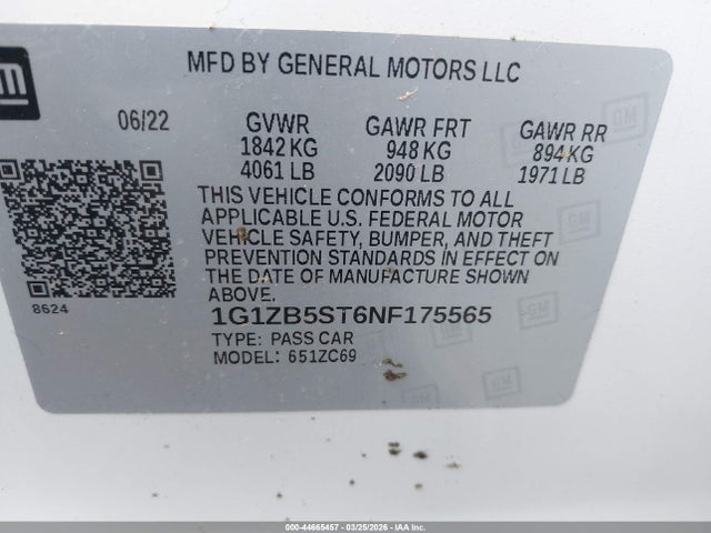 1G1ZB5ST6NF175565 Chevrolet Malibu Fwd Ls