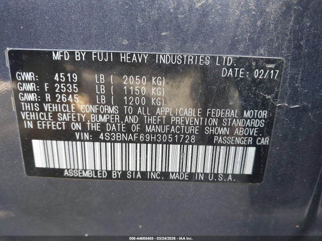 Продаж на аукціоні авто 2017 Subaru Legacy 2.5i Premium, vin: 4S3BNAF69H3051728, номер лоту: 44665465