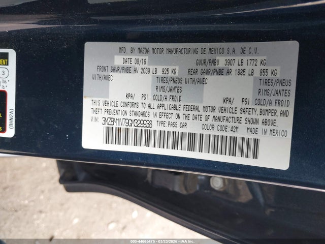 2016 Mazda Mazda3 I Grand Touring მანქანა იყიდება აუქციონზე, vin: 3MZBM1N79GM329938, აუქციონის ნომერი: 44665475
