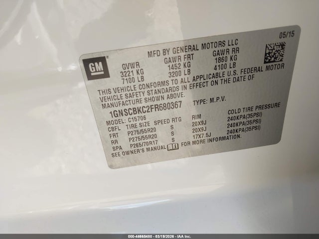 Aukcja sprzedaży 2015 Chevrolet Tahoe Lt, vin: 1GNSCBKC2FR680367, numer aukcji: 44665480